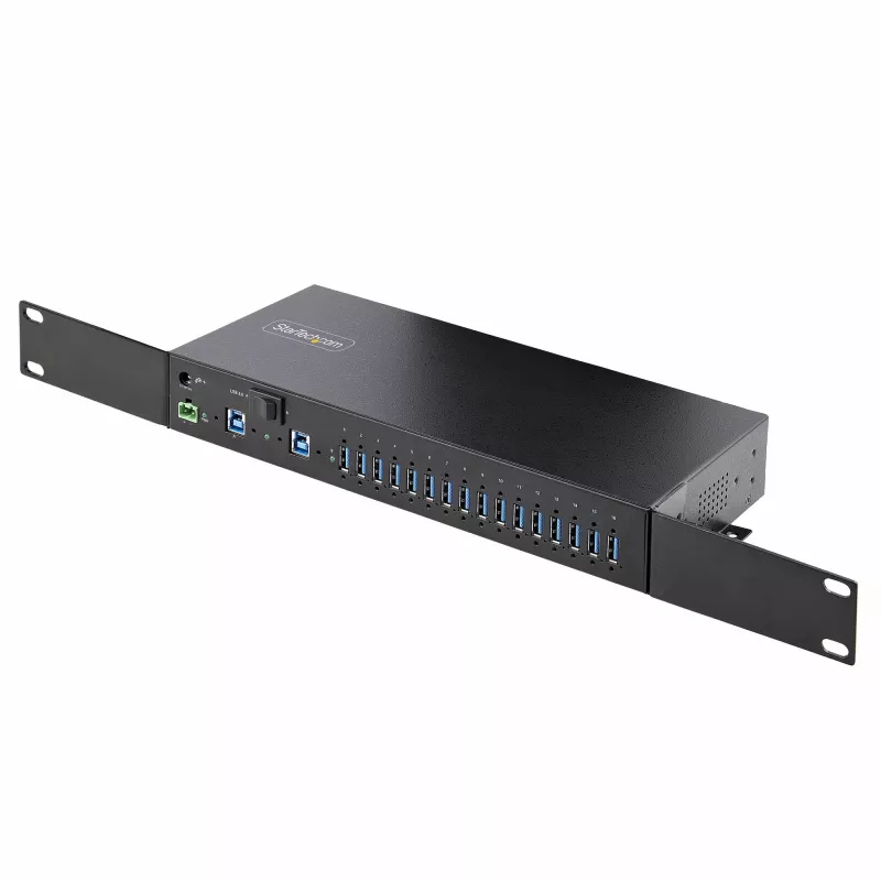 StarTech.com 16-Port Industrial USB 5Gbps Hub mit Netzteil, Metallgehäuse, montierbar, ESD-Schutz, Klemmleisten-Stromversorgung, USB-Ladefunktion, Dual-Host-Umschalter – TAA