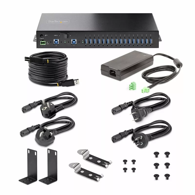 StarTech.com 16-Port Industrial USB 5Gbps Hub mit Netzteil, Metallgehäuse, montierbar, ESD-Schutz, Klemmleisten-Stromversorgung, USB-Ladefunktion, Dual-Host-Umschalter – TAA