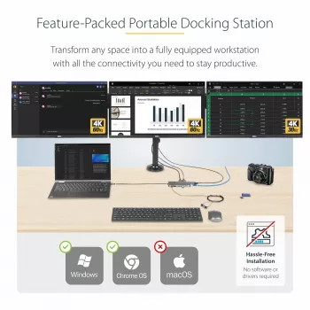 StarTech.com USB-C Triple-Monitor Multiport-Adapter, Dual 4K 60 Hz + 4K 30 Hz HDMI & DisplayPort, 4-Port USB-Hub, 100 W PD Pass-Through, GbE, SD/MicroSD-Kartenleser