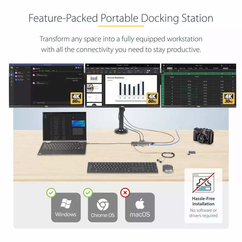 StarTech.com USB-C Triple-Monitor Multiport-Adapter, Dual 4K 60 Hz + 4K 30 Hz HDMI & DisplayPort, 4-Port USB-Hub, 100 W PD Pass-Through, GbE, SD/MicroSD-Kartenleser