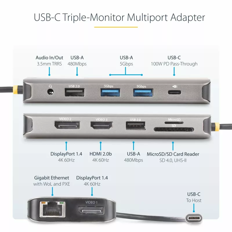 StarTech.com USB-C Triple-Monitor Multiport-Adapter, Dual 4K 60 Hz + 4K 30 Hz HDMI & DisplayPort, 4-Port USB-Hub, 100 W PD Pass-Through, GbE, SD/MicroSD-Kartenleser