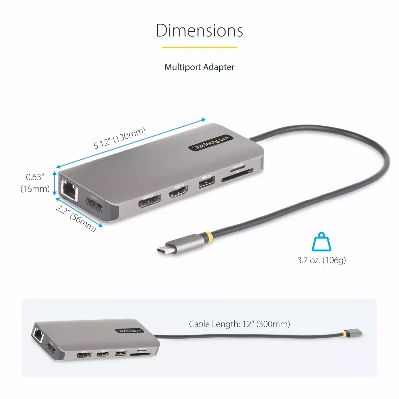 StarTech.com USB-C Triple-Monitor Multiport-Adapter, Dual 4K 60 Hz + 4K 30 Hz HDMI & DisplayPort, 4-Port USB-Hub, 100 W PD Pass-Through, GbE, SD/MicroSD-Kartenleser