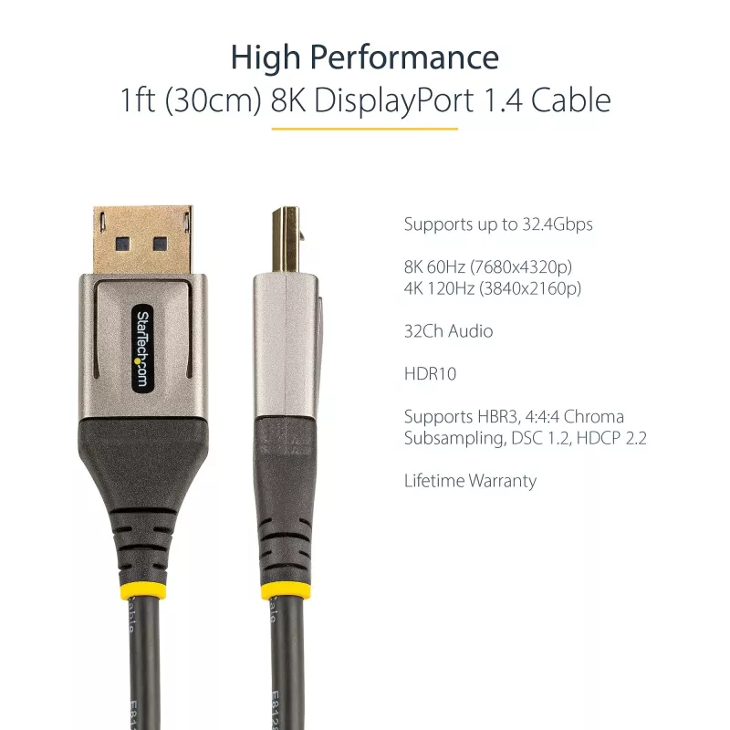 StarTech.com 1ft (30cm) DisplayPort 1.4 Kabel - 8K 60Hz HDR10 - Ultra HD 4K 120Hz Video - DP 1.4 Kabel - Für Monitore/Displays - DisplayPort auf DisplayPort Kabel - M/M