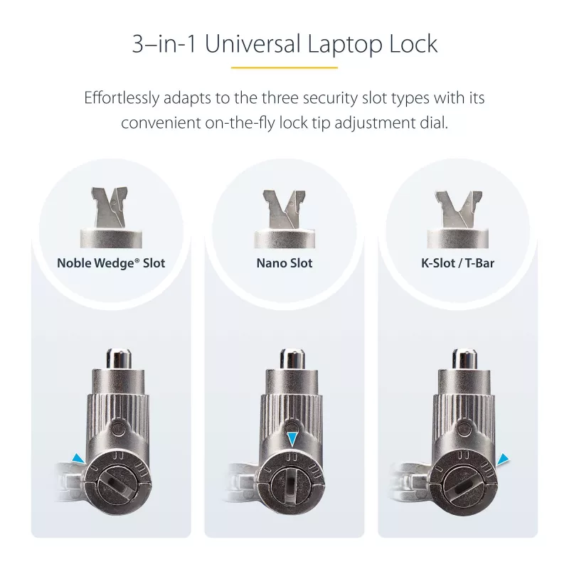 StarTech.com 3-in-1 Universal Laptop Lock 6.6ft (2m), Master Keyed Locking Kabel, Computer Security, Kompatibel w/Noble Wedge®/Nano/K-Slot; Anti-Theft Cut-Resistant Kabel