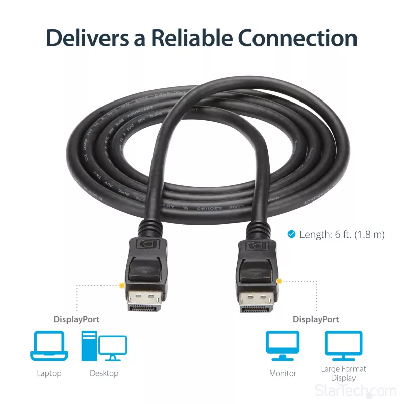 StarTech.com 1,8 m (6ft) DisplayPort 1.2 Kabel – 4K x 2K Ultra HD VESA-zertifiziertes DisplayPort-Kabel – DP-auf-DP-Kabel für Monitor – DP-Video-/Displaykabel – verriegelbare DP-Stecker