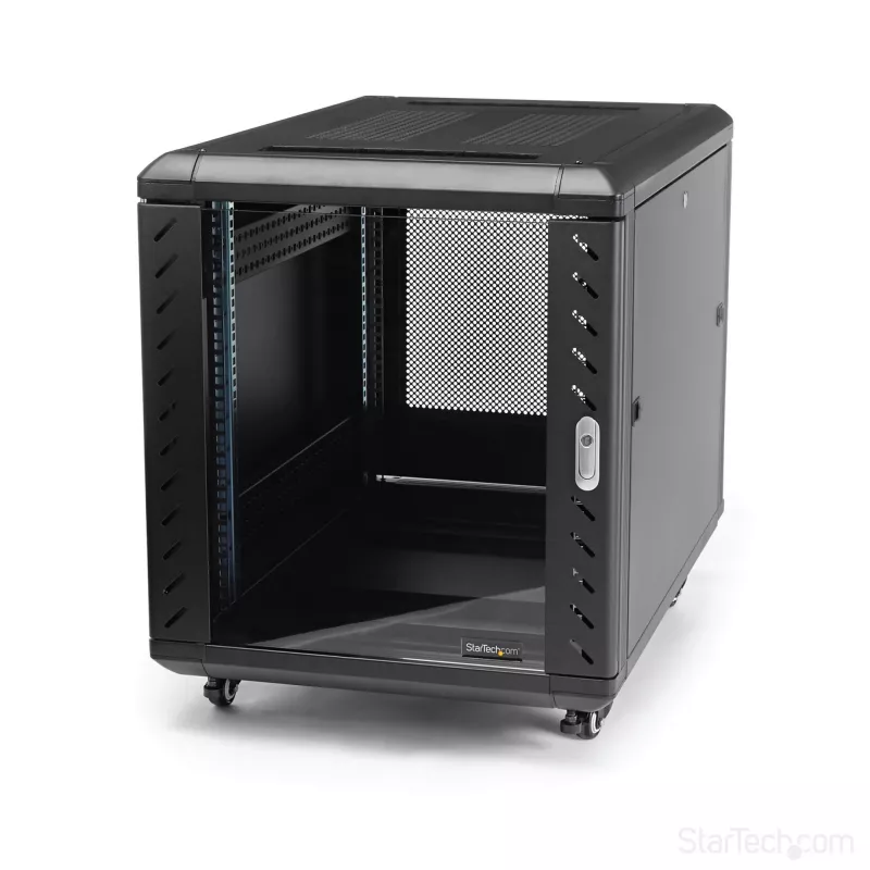 StarTech.com 4-Pfosten 12U Serverschrank, abschließbarer 19-Zoll-Datenschrank für Computer-/AV-/IT-Ausrüstung, Büro-/Heimnetzwerk-Rack mit Rollen & verstellbaren Montageschienen