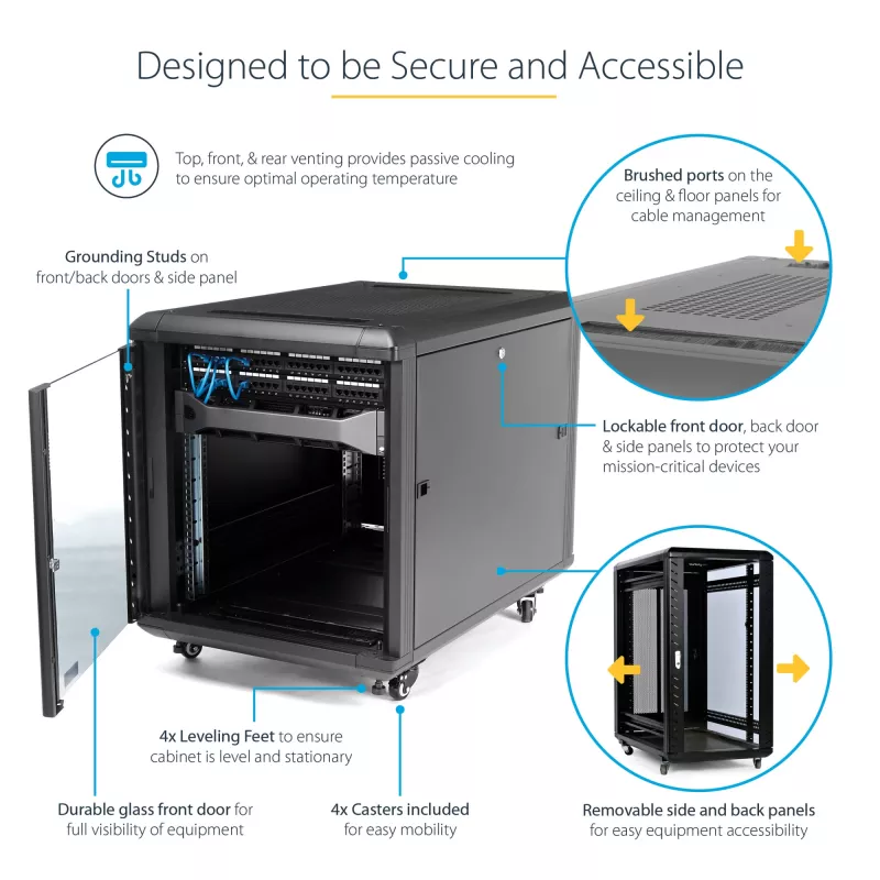 StarTech.com 4-Pfosten 12U Serverschrank, abschließbarer 19-Zoll-Datenschrank für Computer-/AV-/IT-Ausrüstung, Büro-/Heimnetzwerk-Rack mit Rollen & verstellbaren Montageschienen