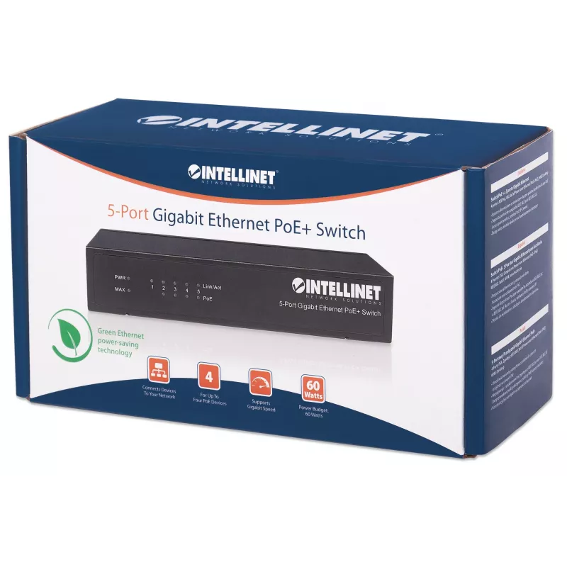 Intellinet 5-Port Gigabit Ethernet PoE+ Switch, 4 x PSE Ports, IEEE 802.3at/af Power over Ethernet (PoE+/PoE) konform, 60 W, Desktop