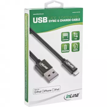 InLine Lightning USB-Kabel, für iPad, iPhone, iPod, schwarz/alu, 2m MFi-zertifiziert
