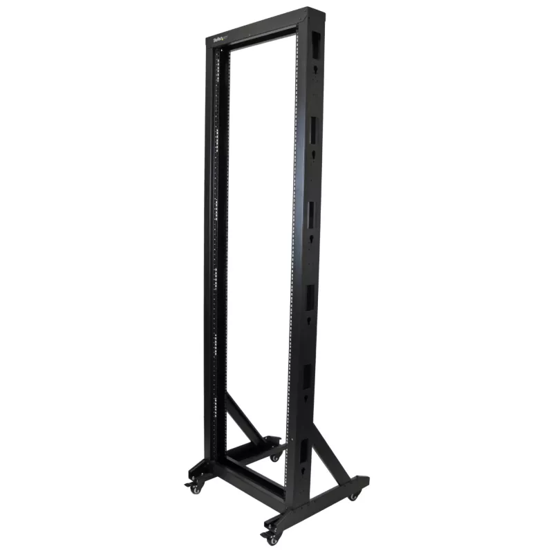 StarTech.com 2-Post 42U Mobiles Open-Frame-Serverrack, Zwei-Pfosten 19-Zoll Netzwerkrack mit Rollen, Fahrbares offenes Rack für AV/Daten/Medien/IT-Ausrüstung, Computerrack für Zuhause/Büro - Laufrollen inklusive