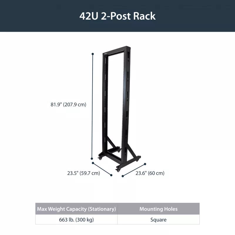 StarTech.com 2-Post 42U Mobiles Open-Frame-Serverrack, Zwei-Pfosten 19-Zoll Netzwerkrack mit Rollen, Fahrbares offenes Rack für AV/Daten/Medien/IT-Ausrüstung, Computerrack für Zuhause/Büro - Laufrollen inklusive