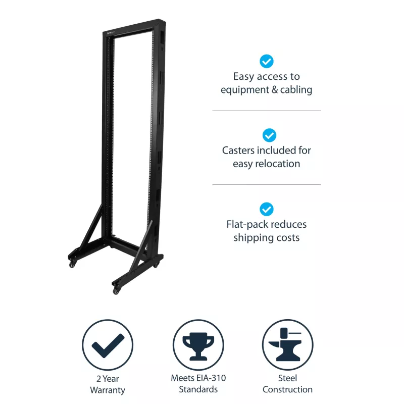 StarTech.com 2-Post 42U Mobiles Open-Frame-Serverrack, Zwei-Pfosten 19-Zoll Netzwerkrack mit Rollen, Fahrbares offenes Rack für AV/Daten/Medien/IT-Ausrüstung, Computerrack für Zuhause/Büro - Laufrollen inklusive