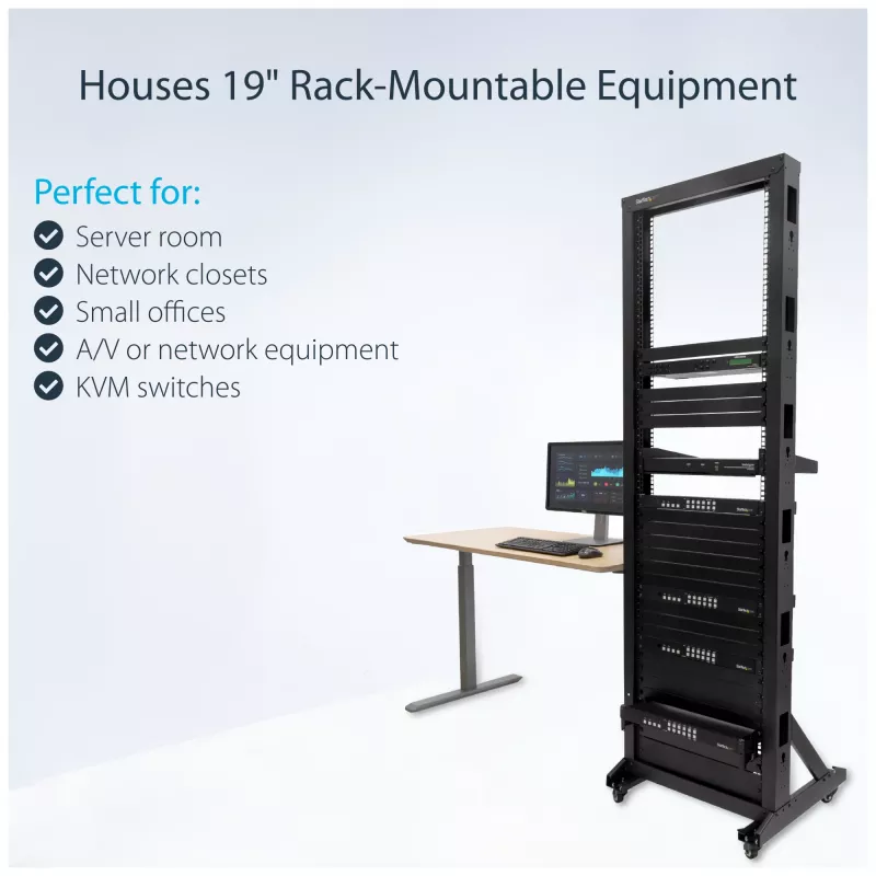 StarTech.com 2-Post 42U Mobiles Open-Frame-Serverrack, Zwei-Pfosten 19-Zoll Netzwerkrack mit Rollen, Fahrbares offenes Rack für AV/Daten/Medien/IT-Ausrüstung, Computerrack für Zuhause/Büro - Laufrollen inklusive