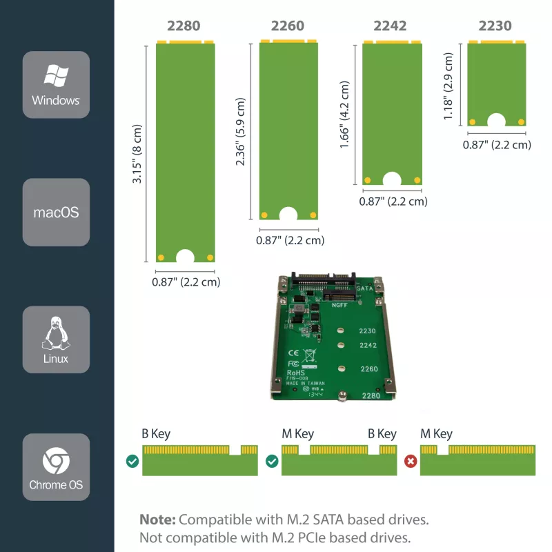 StarTech.com M.2 SATA SSD auf 2,5 Zoll SATA Adapter - M.2 NGFF zu SATA Konverter - 7mm - Open-Frame Halterung - M2 Festplattenadapter