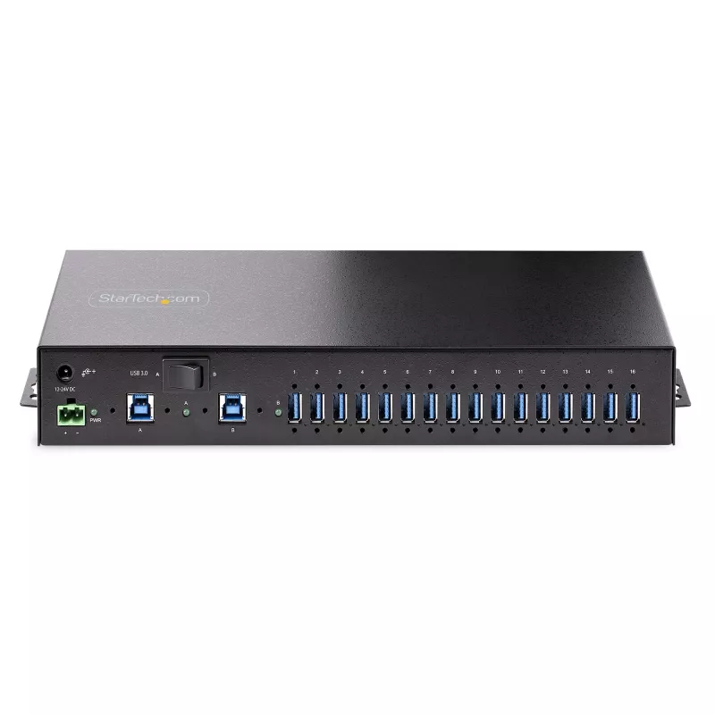 StarTech.com 16-Port Industrial USB 3.0 Hub 5Gbps, Metall, DIN-/Oberflächen-/Rack-Montage, ESD-Schutz, Klemmenblock-Stromversorgung, bis zu 120 W gemeinsame USB-Ladung, Dual-Host-Hub/Switch