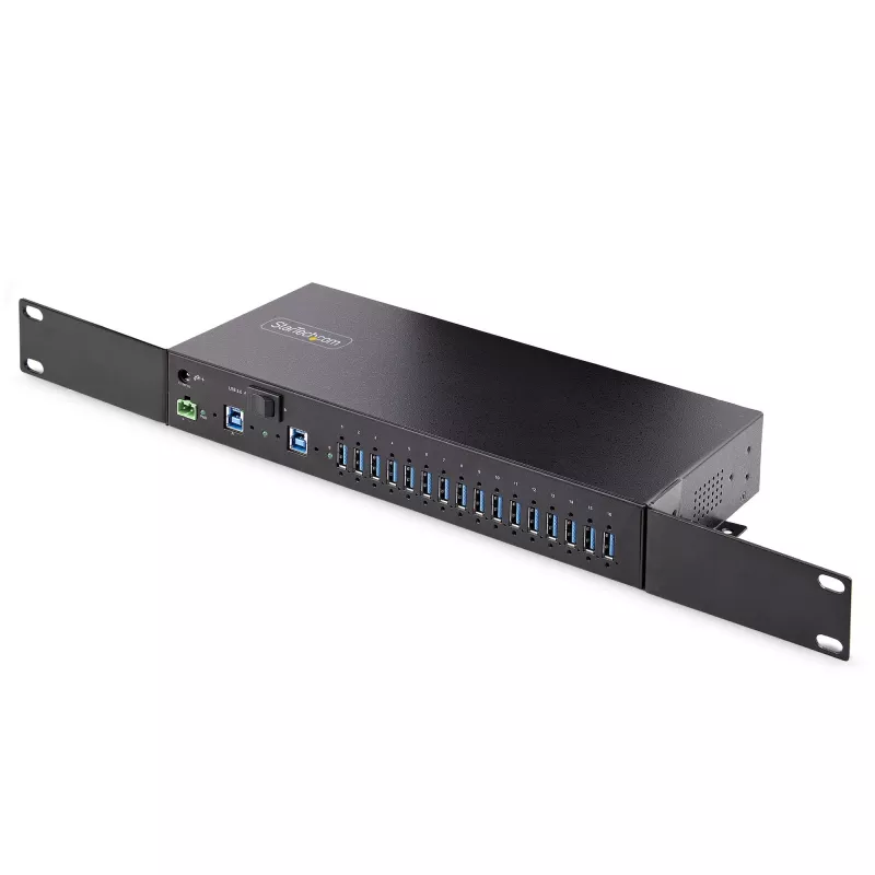 StarTech.com 16-Port Industrial USB 3.0 Hub 5Gbps, Metall, DIN-/Oberflächen-/Rack-Montage, ESD-Schutz, Klemmenblock-Stromversorgung, bis zu 120 W gemeinsame USB-Ladung, Dual-Host-Hub/Switch