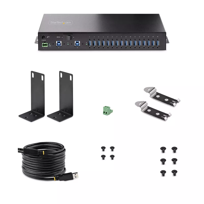 StarTech.com 16-Port Industrial USB 3.0 Hub 5Gbps, Metall, DIN-/Oberflächen-/Rack-Montage, ESD-Schutz, Klemmenblock-Stromversorgung, bis zu 120 W gemeinsame USB-Ladung, Dual-Host-Hub/Switch