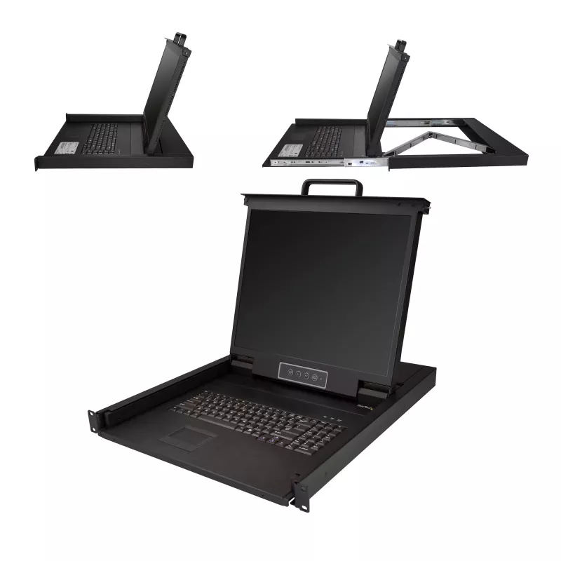 StarTech.com Rackmount KVM-Konsole – Single-Port VGA KVM mit 19-Zoll-LCD-Monitor für Serverschrank – Voll ausgestattete universelle 1HE LCD KVM-Schublade mit Kabeln & Hardware – USB-Unterstützung – 50.000 MTBF