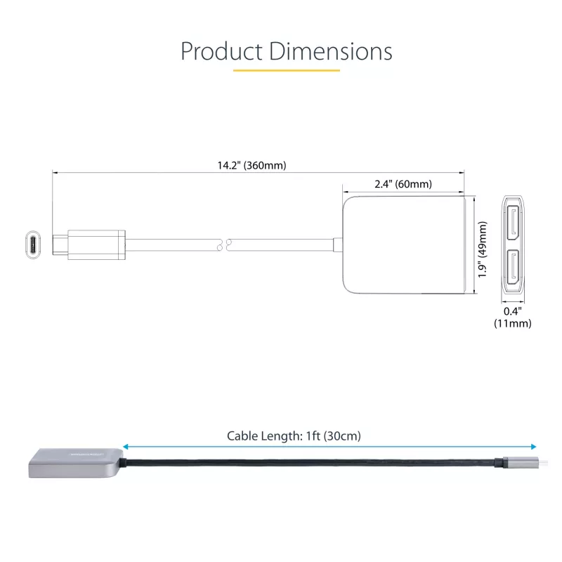 StarTech.com USB-C zu Dual DisplayPort 1.4 Adapter, USB Type-C Multi-Monitor MST Hub, Dual 5K 60Hz DP Laptop Display Extender / Splitter, HDR, Extra langes integriertes Kabel – nur Windows