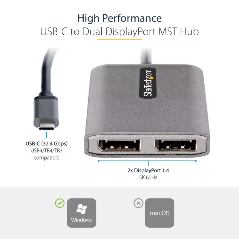 StarTech.com USB-C zu Dual DisplayPort 1.4 Adapter, USB Type-C Multi-Monitor MST Hub, Dual 5K 60Hz DP Laptop Display Extender / Splitter, HDR, Extra langes integriertes Kabel – nur Windows