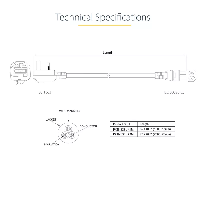 StarTech.com 3ft (1m) UK Laptop-Netzkabel, BS 1363 auf C5 (Kleeblatt), 2,5A 250V, 18AWG, UK Laptop-Ersatzkabel, Drucker-Netzkabel, Laptop-Ladekabel, Laptop-Netzteilkabel