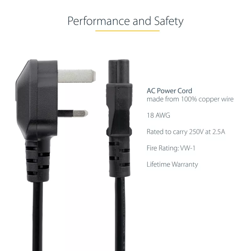 StarTech.com 3ft (1m) UK Laptop-Netzkabel, BS 1363 auf C5 (Kleeblatt), 2,5A 250V, 18AWG, UK Laptop-Ersatzkabel, Drucker-Netzkabel, Laptop-Ladekabel, Laptop-Netzteilkabel