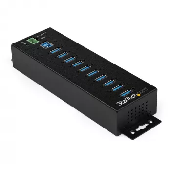 StarTech.com 10-Port USB 3.0 Hub mit Netzteil - Industrieller USB-A-Hub aus Metall mit ESD- und 350-W-Überspannungsschutz – Hutschienen-/Wand-/Tischmontage – High-Speed USB 3.2 Gen 1 (5 Gbit/s) Hub