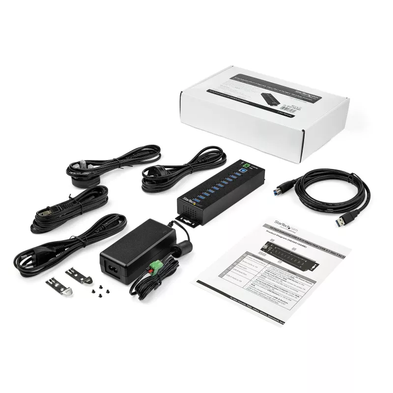 StarTech.com 10-Port USB 3.0 Hub mit Netzteil - Industrieller USB-A-Hub aus Metall mit ESD- und 350-W-Überspannungsschutz – Hutschienen-/Wand-/Tischmontage – High-Speed USB 3.2 Gen 1 (5 Gbit/s) Hub