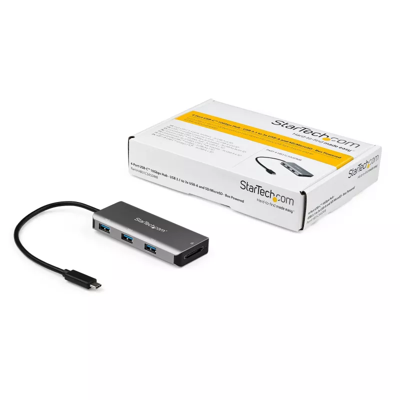 StarTech.com 3-Port-10-Gbit/s-USB-C-Hub mit SD-Kartenleser – 3x USB-A & 1x SD-Steckplatz – tragbarer USB-3.1/3.2-Gen-2-Typ-C-Adapter-Hub – Laptop-Hub – busgespeist – Thunderbolt-3-kompatibel