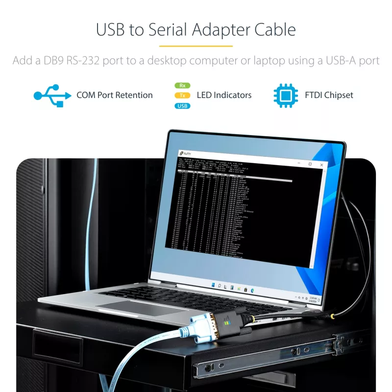 StarTech.com 3 m USB-auf-Seriell-Adapterkabel, COM-Erhalt, austauschbare Schrauben/Muttern, USB-A auf DB9 RS232, FTDI IC, ESD-Schutz, Windows/macOS/Linux