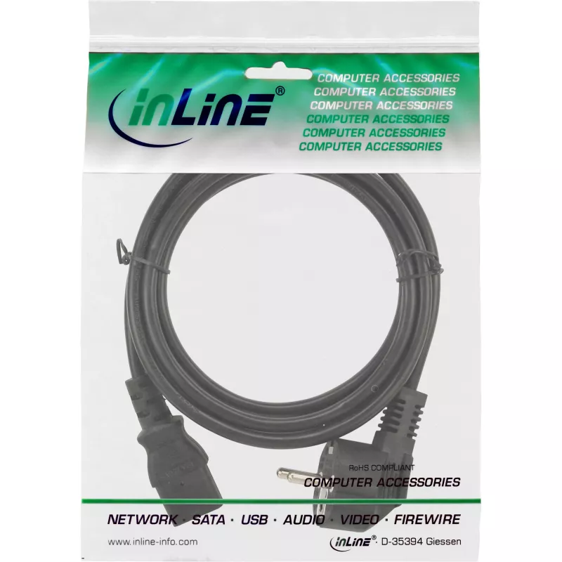 InLine Netzkabel, CEE 7/7 gewinkelt / 3-polig IEC C13 Stecker, 0,5 m