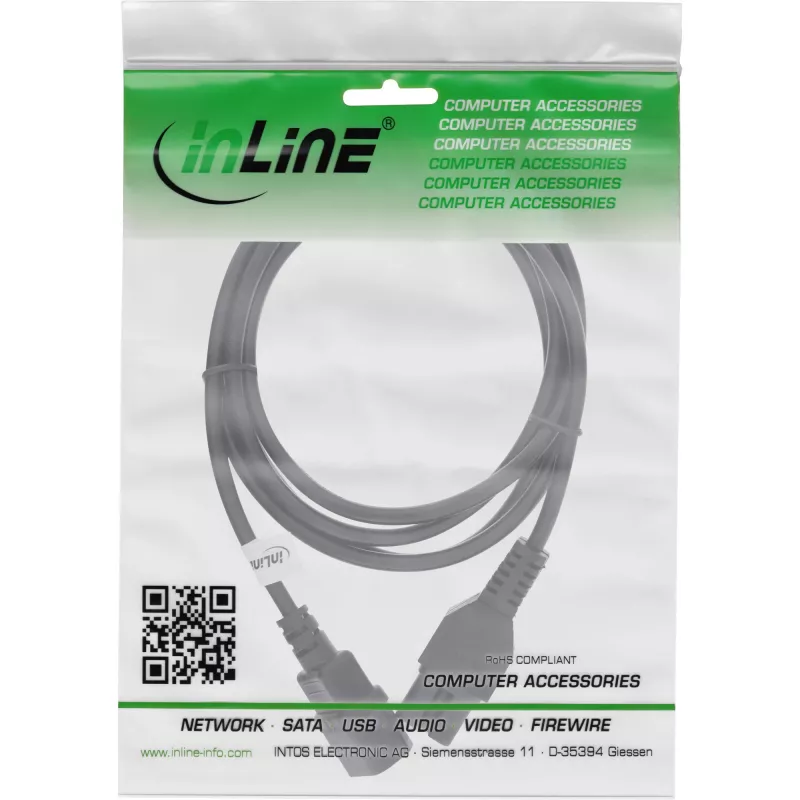 InLine Netzkabel-Verlängerung, Heißgeräteanschluss IEC-C15/IEC-C14 gerade, 3 m