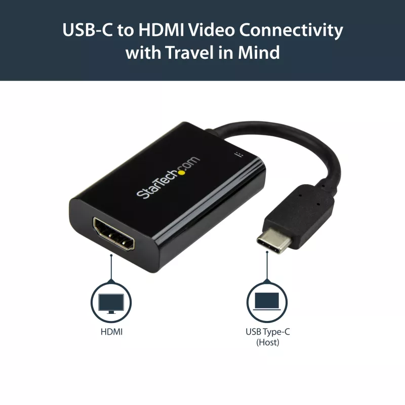 StarTech.com USB C zu HDMI 2.0 Adapter mit Power Delivery - 4K 60Hz USB Typ-C auf HDMI Display Video Konverter - 60W PD Durchgangsladeanschluss - Thunderbolt 3 kompatibel - Schwarz