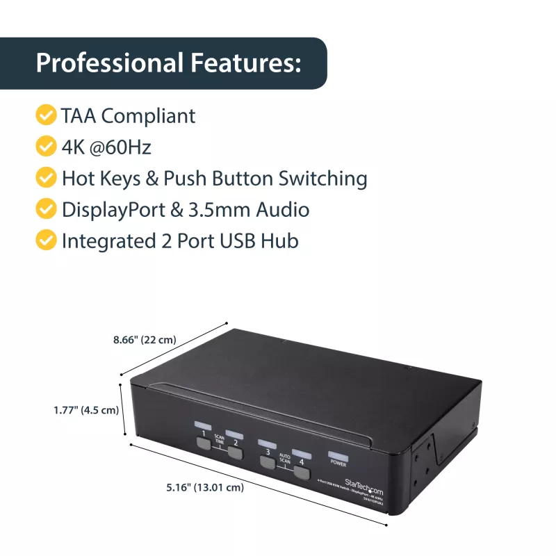 StarTech.com 4-Port DisplayPort-KVM-Switch – 4K 60 Hz – Einzelbildschirm – Dual-Port UHD DP 1.2 USB-KVM-Switch mit integriertem USB-2.0-Hub & Audio – Dell, HP, Apple, Lenovo – TAA-konform