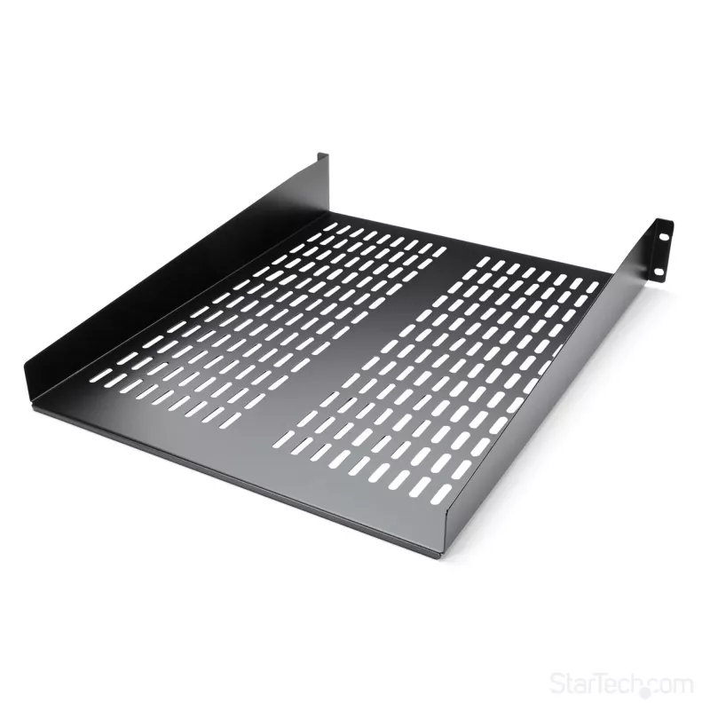 StarTech.com 2U Server-Rack-Einlegeboden – universelle belüftete Rack-Montage-Auslegerplatte für 19-Zoll-Netzwerkgeräterack und -schrank – robuste Stahlausführung – Tragfähigkeit 23 kg – 55,9 cm tiefer Boden, schwarz