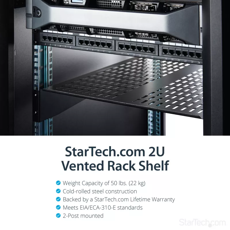 StarTech.com 2U Server-Rack-Einlegeboden – universelle belüftete Rack-Montage-Auslegerplatte für 19-Zoll-Netzwerkgeräterack und -schrank – robuste Stahlausführung – Tragfähigkeit 23 kg – 55,9 cm tiefer Boden, schwarz