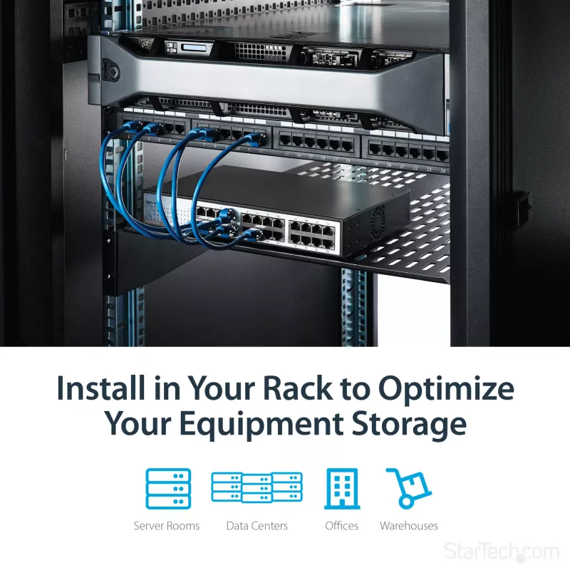 StarTech.com 2U Server-Rack-Einlegeboden – universelle belüftete Rack-Montage-Auslegerplatte für 19-Zoll-Netzwerkgeräterack und -schrank – robuste Stahlausführung – Tragfähigkeit 23 kg – 55,9 cm tiefer Boden, schwarz