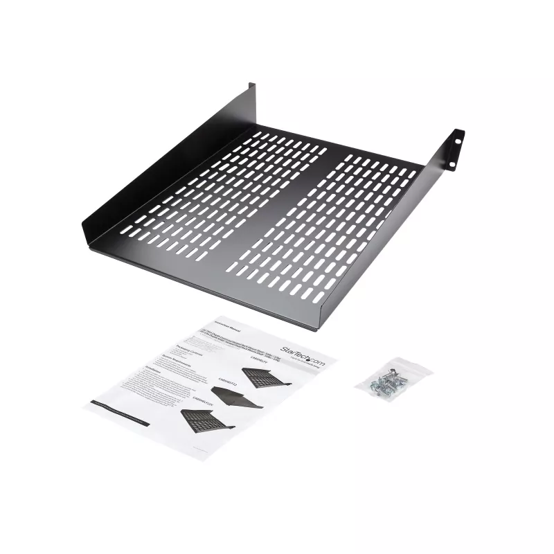 StarTech.com 2U Server-Rack-Einlegeboden – universelle belüftete Rack-Montage-Auslegerplatte für 19-Zoll-Netzwerkgeräterack und -schrank – robuste Stahlausführung – Tragfähigkeit 23 kg – 55,9 cm tiefer Boden, schwarz
