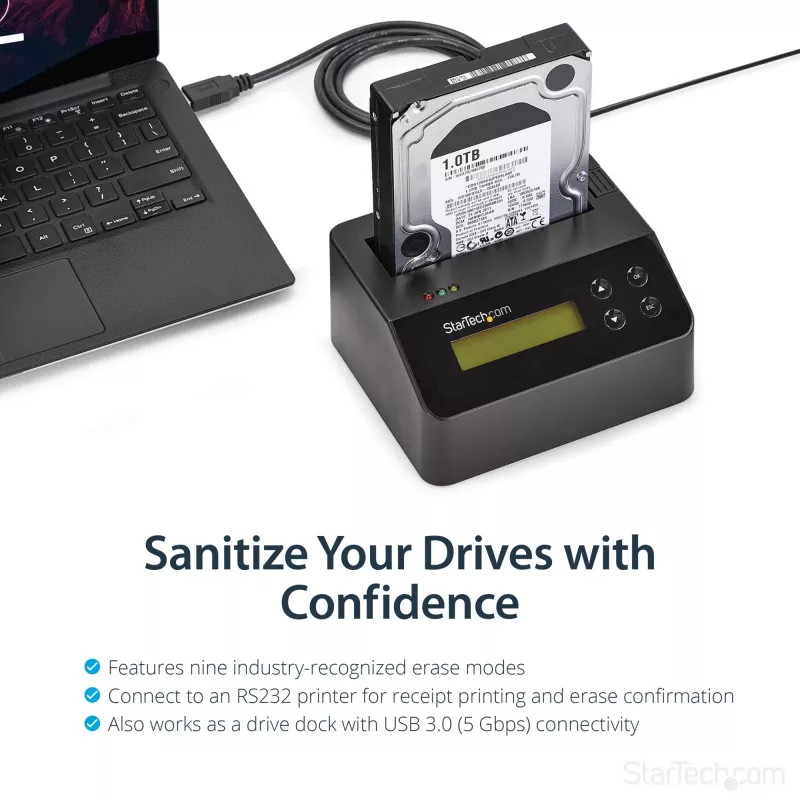 StarTech.com Single Bay Festplattenlöscher, Standalone HDD/SSD Sanitizer, USB 3.0 zu SATA II (3 Gbit/s), 9 Löschmodi, LCD-Anzeige, Sicheres Löschen Festplatten-Sanitizer-Dock, DB-9 Druckeranschluss, TAA-konform