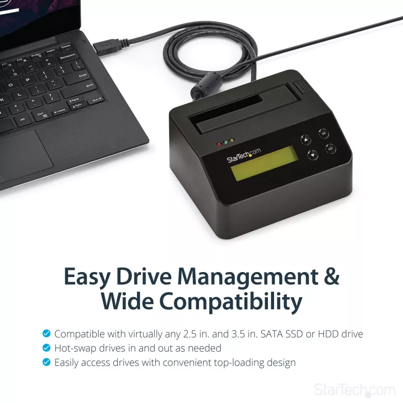 StarTech.com Single Bay Festplattenlöscher, Standalone HDD/SSD Sanitizer, USB 3.0 zu SATA II (3 Gbit/s), 9 Löschmodi, LCD-Anzeige, Sicheres Löschen Festplatten-Sanitizer-Dock, DB-9 Druckeranschluss, TAA-konform