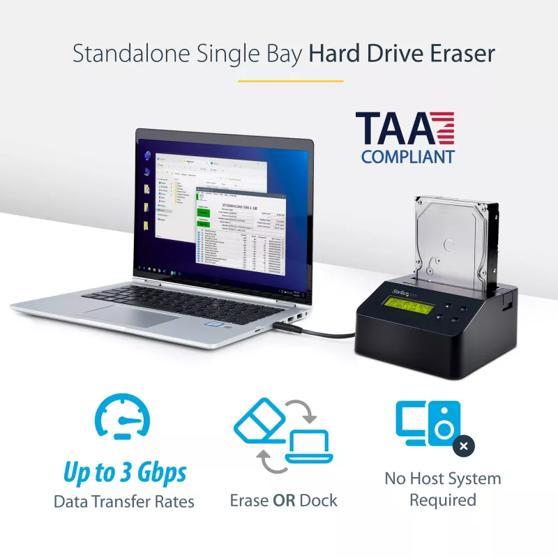 StarTech.com Single Bay Festplattenlöscher, Standalone HDD/SSD Sanitizer, USB 3.0 zu SATA II (3 Gbit/s), 9 Löschmodi, LCD-Anzeige, Sicheres Löschen Festplatten-Sanitizer-Dock, DB-9 Druckeranschluss, TAA-konform