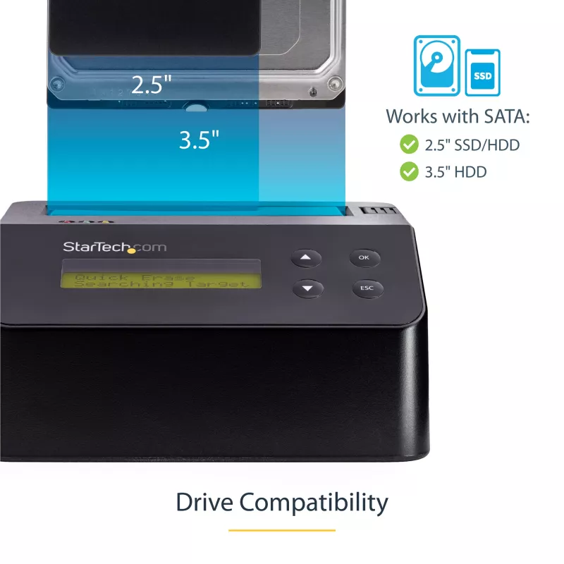 StarTech.com Single Bay Festplattenlöscher, Standalone HDD/SSD Sanitizer, USB 3.0 zu SATA II (3 Gbit/s), 9 Löschmodi, LCD-Anzeige, Sicheres Löschen Festplatten-Sanitizer-Dock, DB-9 Druckeranschluss, TAA-konform
