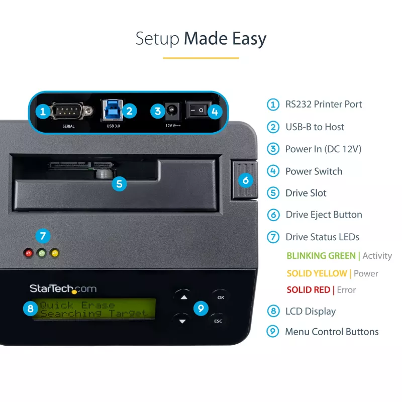 StarTech.com Single Bay Festplattenlöscher, Standalone HDD/SSD Sanitizer, USB 3.0 zu SATA II (3 Gbit/s), 9 Löschmodi, LCD-Anzeige, Sicheres Löschen Festplatten-Sanitizer-Dock, DB-9 Druckeranschluss, TAA-konform