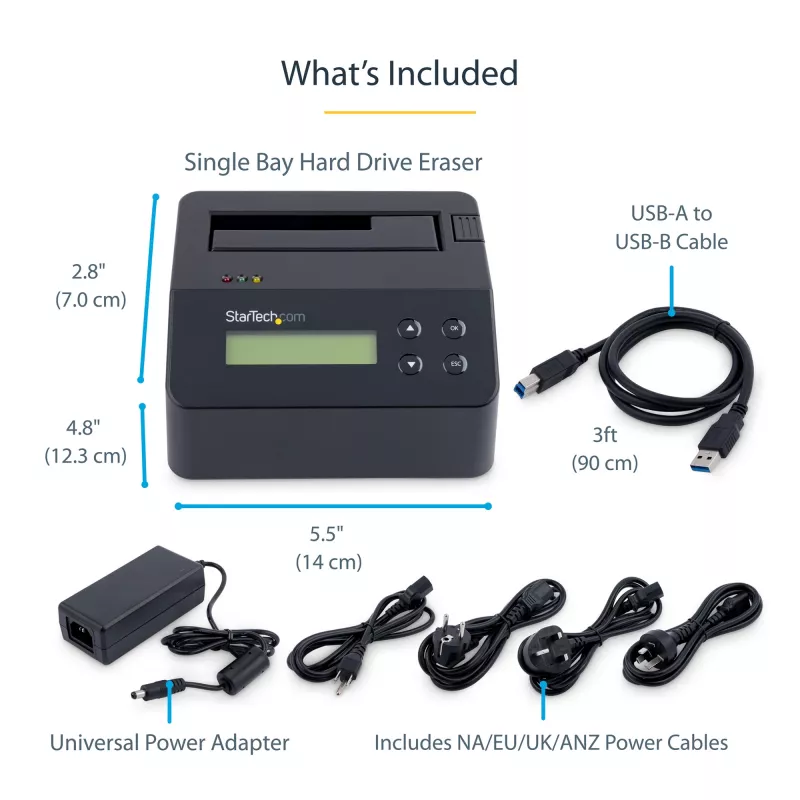 StarTech.com Single Bay Festplattenlöscher, Standalone HDD/SSD Sanitizer, USB 3.0 zu SATA II (3 Gbit/s), 9 Löschmodi, LCD-Anzeige, Sicheres Löschen Festplatten-Sanitizer-Dock, DB-9 Druckeranschluss, TAA-konform