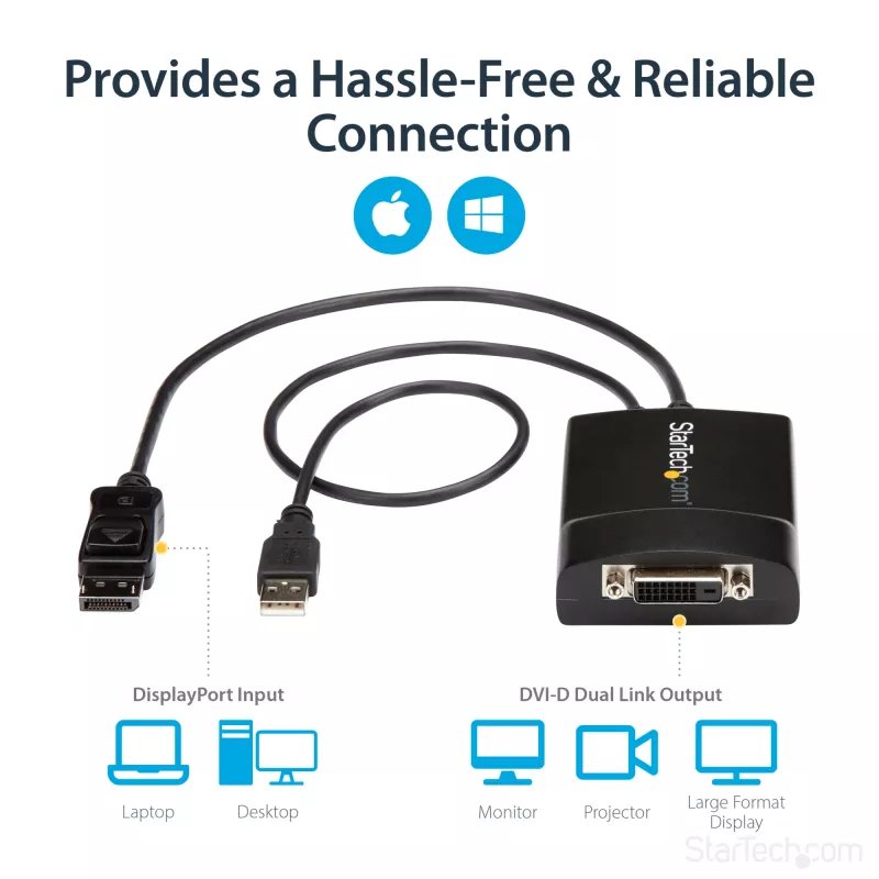 StarTech.com DisplayPort auf DVI Dual Link aktiver Adapter - DisplayPort auf DVI-D Adapter Videokonverter 2560x1600 60Hz - DP 1.2 zu DVI Monitor - USB-Stromversorgung - Verriegelbarer DP-Stecker