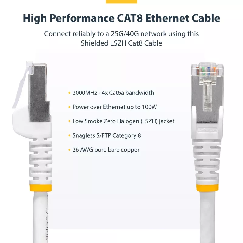 StarTech.com 50 cm White CAT8 Ethernet-Kabel, rastnasefreier RJ45, 25G/40G, 2000 MHz, 100 W PoE++, S/FTP, 26AWG reines blankes Kupferkabel, LSZH, geschirmtes Netzwerk-Patchkabel mit Zugentlastungen, einzeln getestet