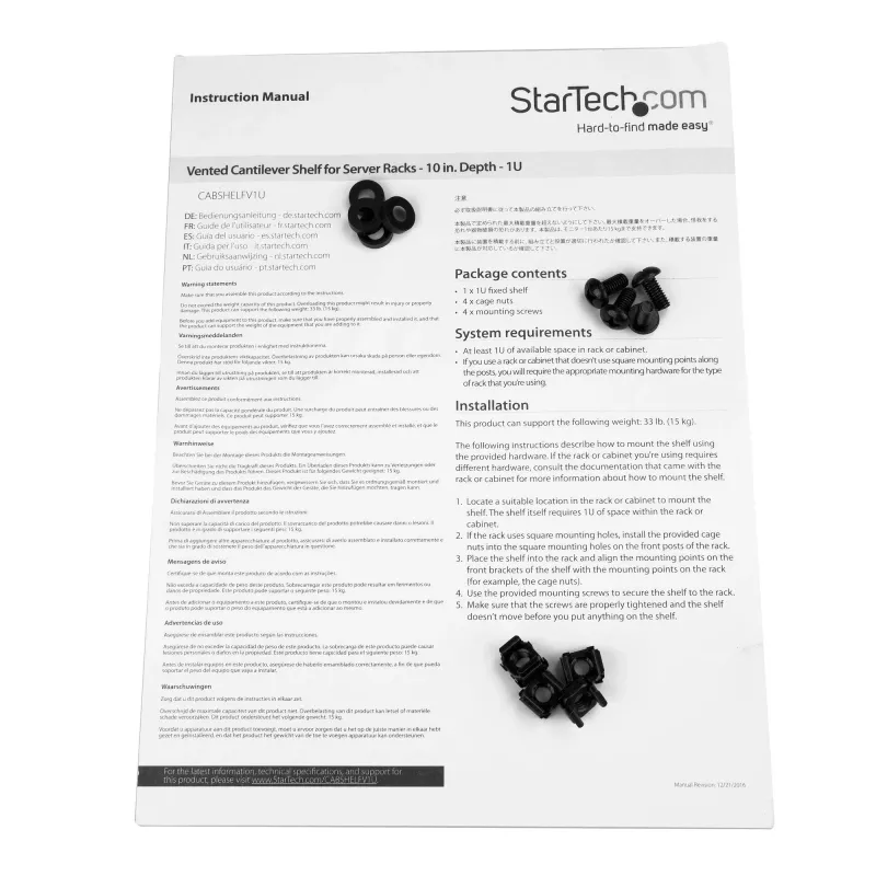 StarTech.com 1U Server-Rack-Ablage – universelle, belüftete Rackmount-Kragarmablage für 19-Zoll-Netzwerkschrank und -Gehäuse – robust aus Stahl – Tragfähigkeit 20 kg – 10 Zoll tiefe Ablage, schwarz