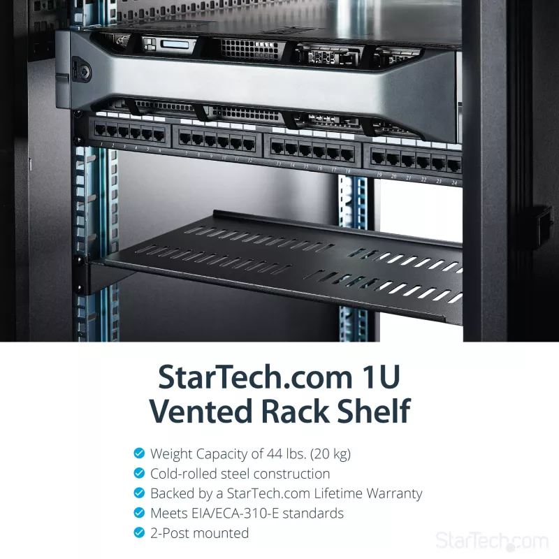 StarTech.com 1U Server-Rack-Ablage – universelle, belüftete Rackmount-Kragarmablage für 19-Zoll-Netzwerkschrank und -Gehäuse – robust aus Stahl – Tragfähigkeit 20 kg – 10 Zoll tiefe Ablage, schwarz