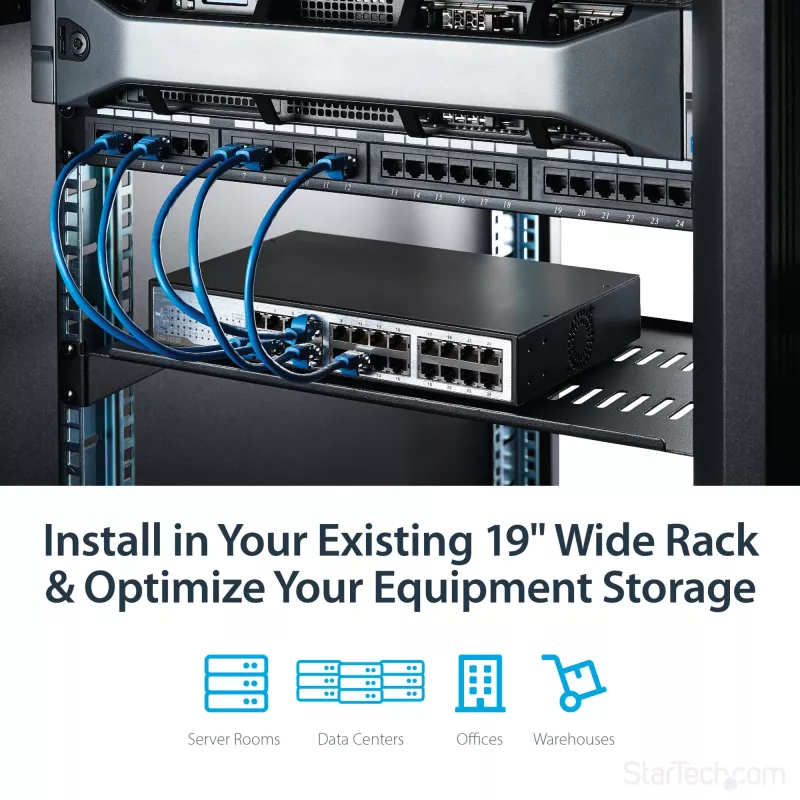 StarTech.com 1U Server-Rack-Ablage – universelle, belüftete Rackmount-Kragarmablage für 19-Zoll-Netzwerkschrank und -Gehäuse – robust aus Stahl – Tragfähigkeit 20 kg – 10 Zoll tiefe Ablage, schwarz