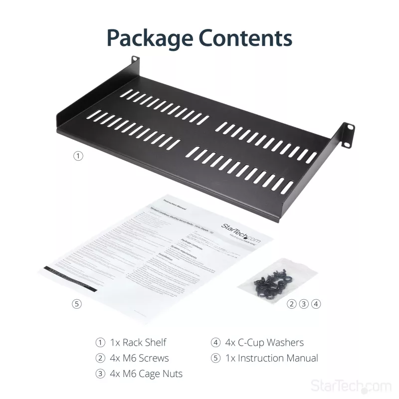 StarTech.com 1U Server-Rack-Ablage – universelle, belüftete Rackmount-Kragarmablage für 19-Zoll-Netzwerkschrank und -Gehäuse – robust aus Stahl – Tragfähigkeit 20 kg – 10 Zoll tiefe Ablage, schwarz